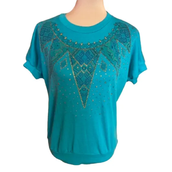 Vintage 80s Teal Gold Glitter Geometric Graphic Top Metallic Print Shirt - Image 2