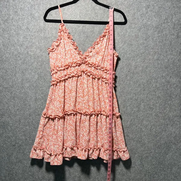IRIS‎ Floral Ruffle Tiered Mini Summer Dress Coral Pink White Large - Image 2
