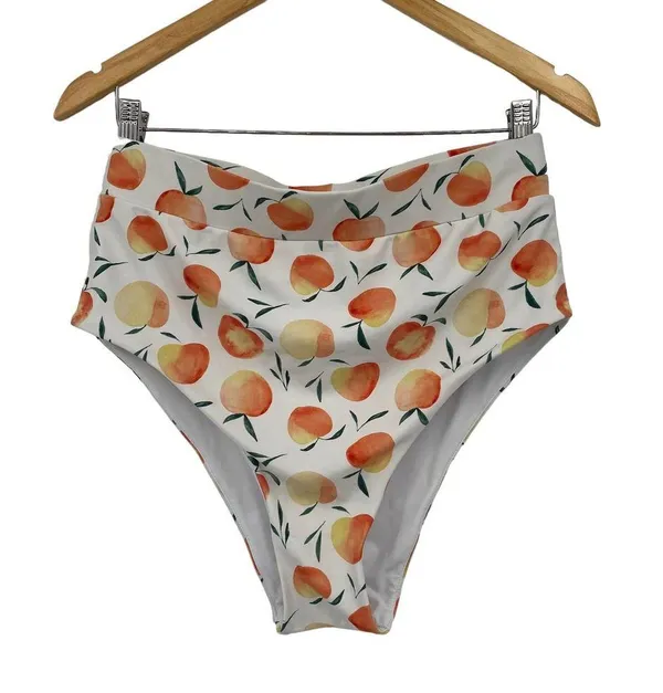 Current Tyed 2 Piece Swimsuit Bikini High Waisted Peaches Print White Womens XL - Image 5