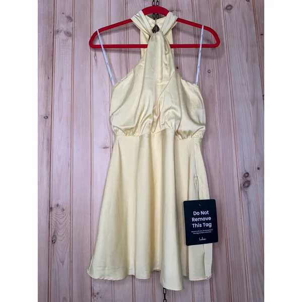 NWT Lulus Sleek Essence Light Yellow Satin Halter Sleeveless Mini Dress Party M - Image 2