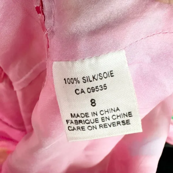 Tahari Bright Pink Floral Silk V Shift Dress Ruffle Trim Vintage Y2K Girly 8 - Image 10