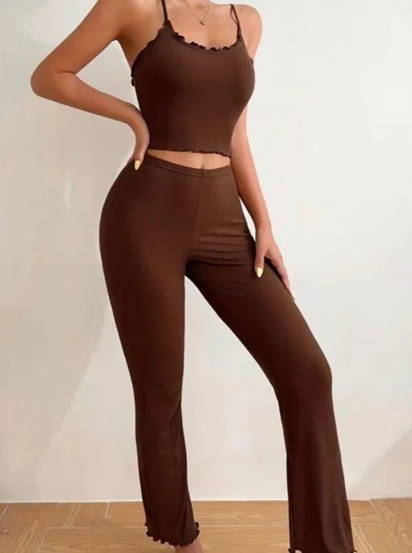 Solid Ribbed Pajama Set, Lettuce Trim Cami Top & Elastic Waistband Pants - Image 5