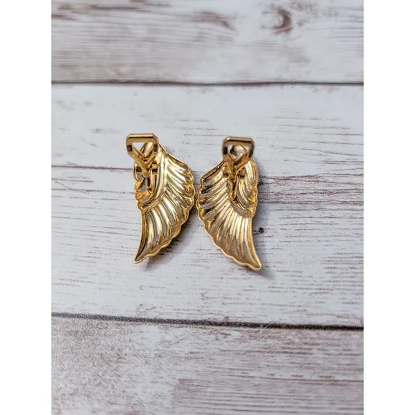 Vintage Clip On Earrings - Gold Tone Angel Wings 1.25" Statement - Image 3