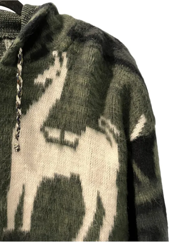 VTG Gensis Alpaca Wool Hooded Sweater Jacket Llama Aztec Green Small Stretch - Image 5
