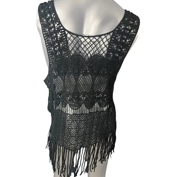 Black Crochet Fringe Vest Boho Chic Fairycore Knit Festival Tassels Badass Small - Image 3