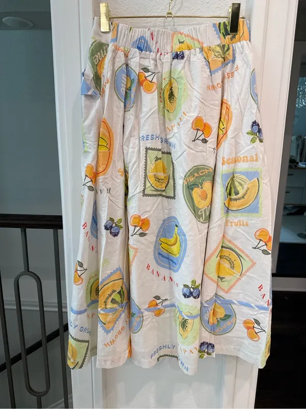 NWT Prosperina Fruit Print Linen Cotton Midi Skirt Medium Cottagecore Summer - Image 4