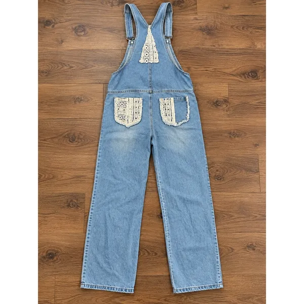 POL Light Wash Denim Overalls Size M Crochet Lace Wide Leg Boho - Image 3