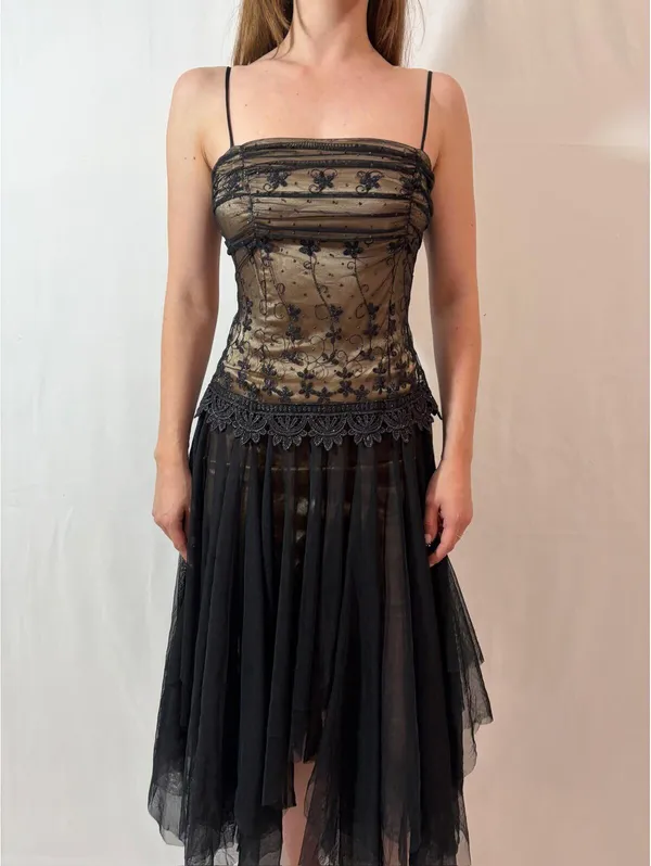 Black Mesh Overlay Embellished Corset Vintage Masquerade Formal Dress - Image 6