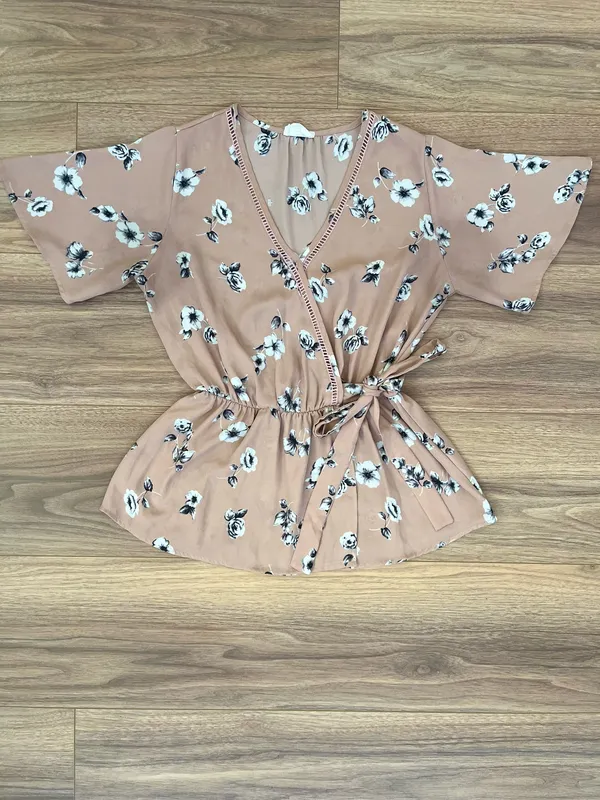 Sienna Sky Floral Wrap Blouse | Dusty Rose Kimono Sleeve Tie Waist Top | Size Small - Image 3