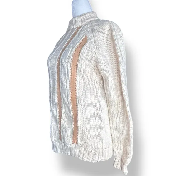 Vintage Tanni 100 Wool Cable Knit Sweater Leather Trim Made in Hong Kong‎ Medium - Image 5