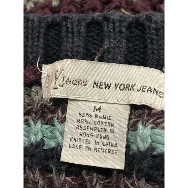 NY Jeans Sweater‎ Womens M Pullover Stripe Colorblock Heavy Ramie VTG 90s D-206 - Image 2