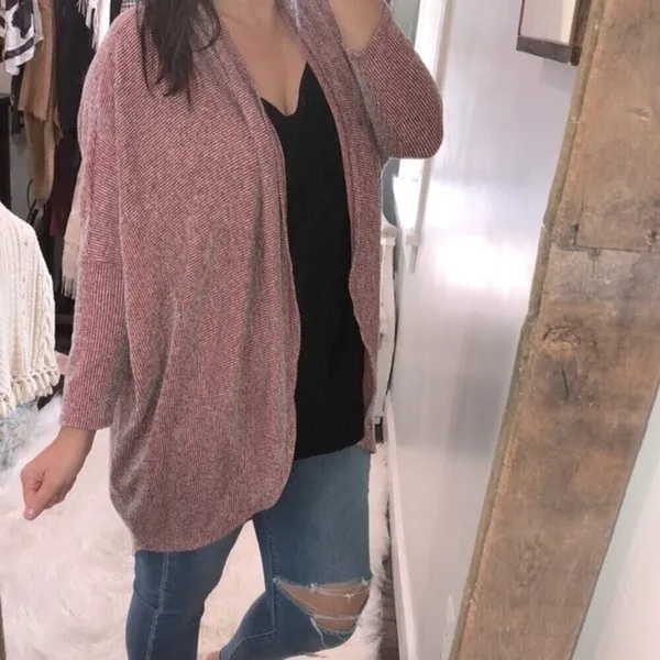 Le Lis medium red striped sweater knit cardigan - Image 2