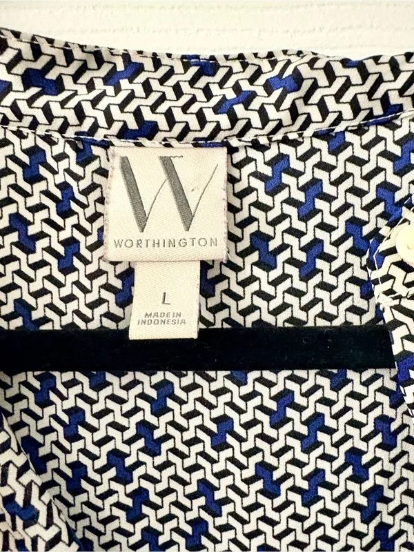 Worthington Blue & White Geometric Design Long-Sleeve Blouse size L - Image 3