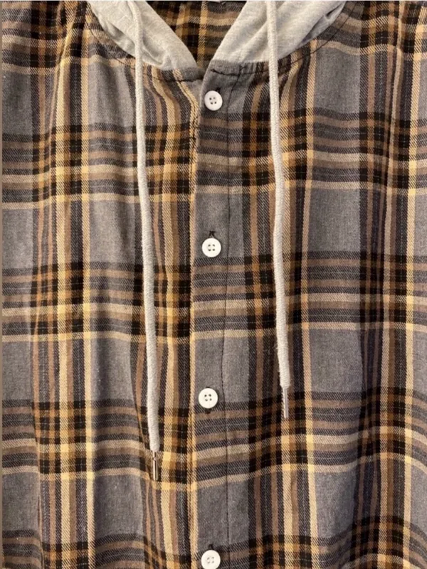 Women’s Plaid Hooded Button-Up Shirt Jacket in Gray and Brown - Image 2
