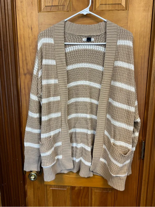 American Eagle Tan & White Striped Open Front Knit Cardigan Sweater Size S - Image 2