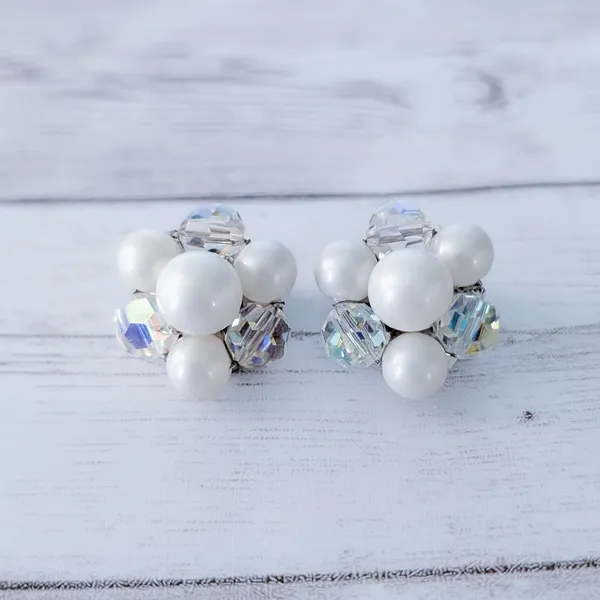 Vintage Clip On Earrings Off White & Iridescent Cluster - Image 2