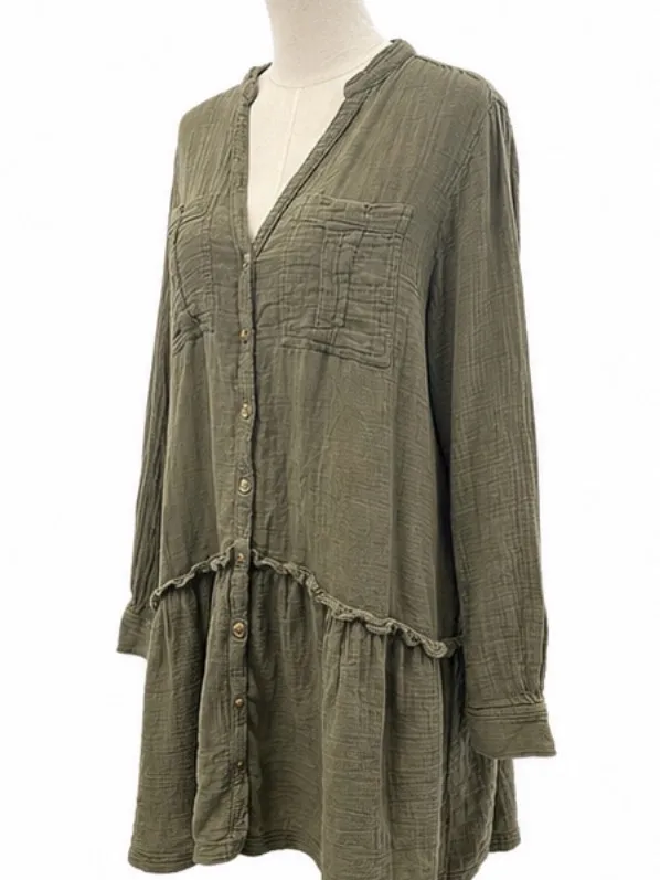Maeve Anthropologie Olive Cotton Gauze Button Front Tiered Tunic Dress Size 12 - Image 2
