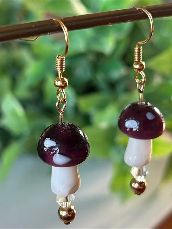 Handmade Purple Mushroom + Hematite Drop Earrings in gold 🍄 - Image 3