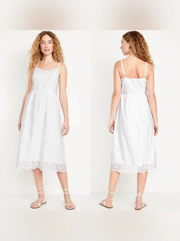 Old Navy White Eyelet Fit Flare‎ Midi Dress Small Sundress Cottagecore Cotton - Image 2