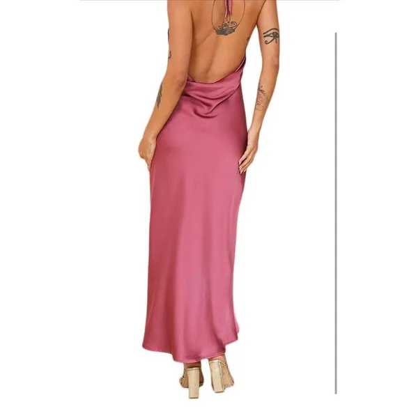 NEW Rose Satin Halter Neck Backless Slit Cowl Back Ruched Maxi Dress M - Image 2