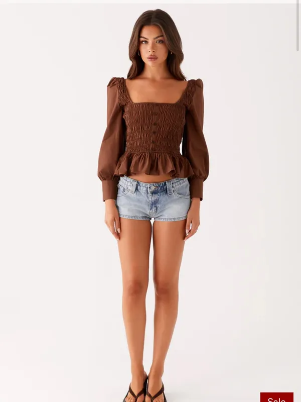 Peppermayo Joyce Long Sleeve Cotton Shirred Top - Chocolate - Image 3