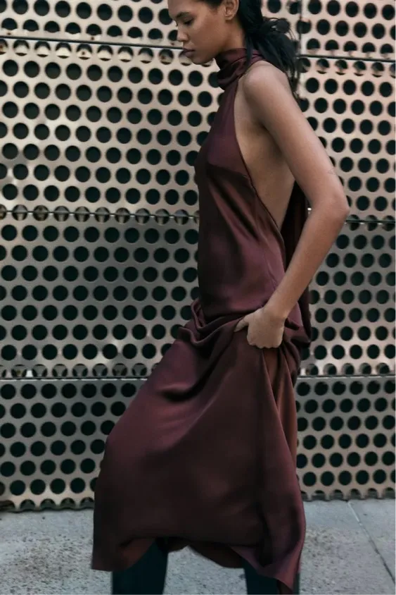 Zara maxi halter scarf satin Elegant Burgundy Brown Evening Wedding Dress - Image 13