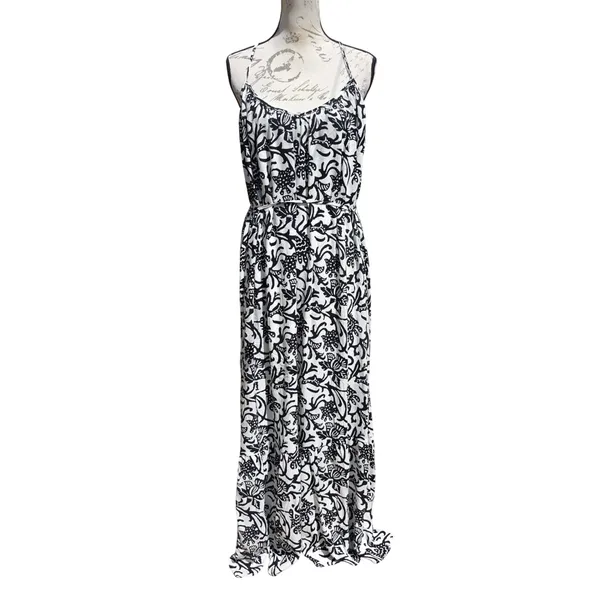 Loft NWT Womens Black White Floral Woodcut Maxi Dress Tie Back 566458 Size Large - Image 4