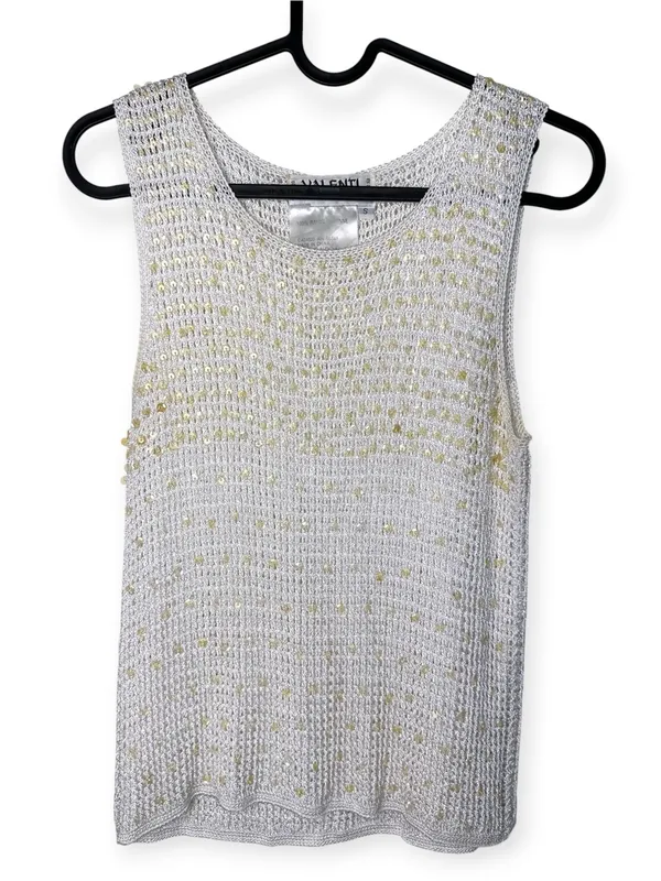 Valenti Vintage Crochet Knit Hand-Beaded Sequin White sleeveless Tank Top Size S - Image 3