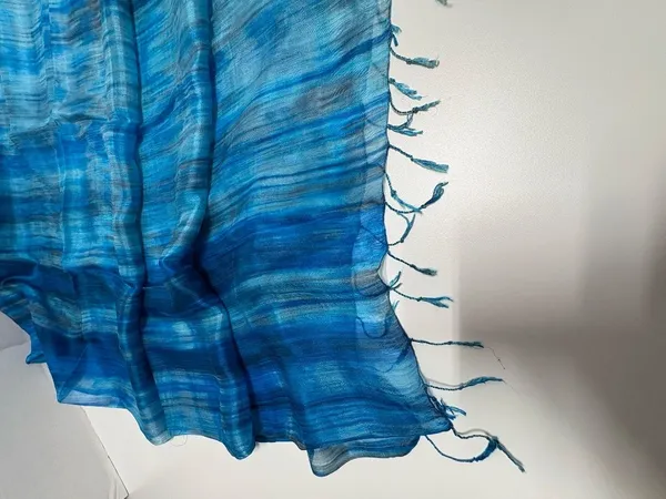 Blue Brushstroke Hand-Dyed Mulberry Silk Scarf -31" x 67" - NEW In Bag. - Image 8