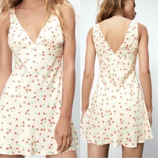 Zara Satin Cherry Print V Neck Mini Dress Size Small - Image 2