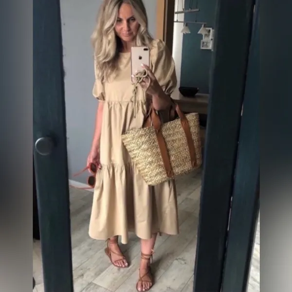 ZARA Asymmetric Puff Sleeve Tiered Cotton Poplin Midi Dress‎ in Camel Size XS - Image 8