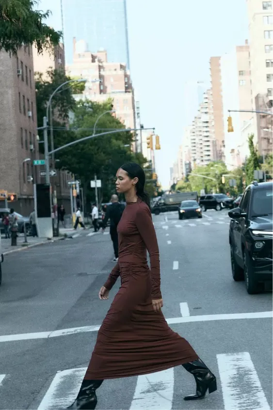 Zara Elegant Burgundy brown wine Maxi Dress stretchy long Sleeve Casual bodycon - Image 9