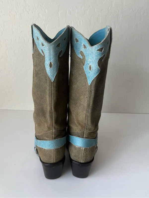 MIA Vintage 90s Suede Leather Firebird Western Cowgirl Boots Tan Blue Size 6 - Image 4