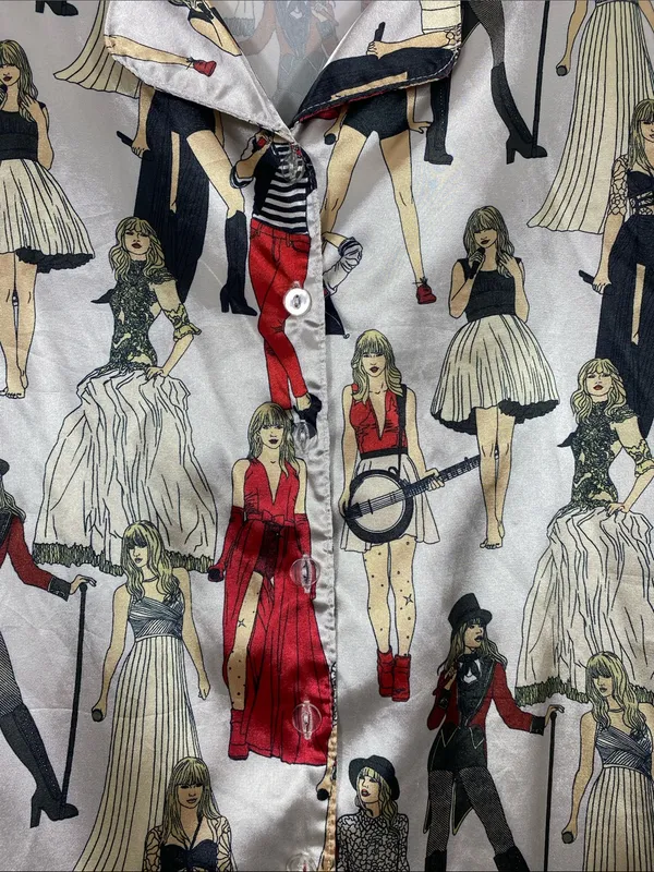 Taylor Swift Cream Button-Down Top with Red & Black Figurine Print Size M - Image 4