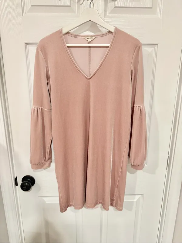 Madewell XS Dusty Rose Pink Velvet Mini Shift Dress V Neck Balloon Sleeve - Image 2