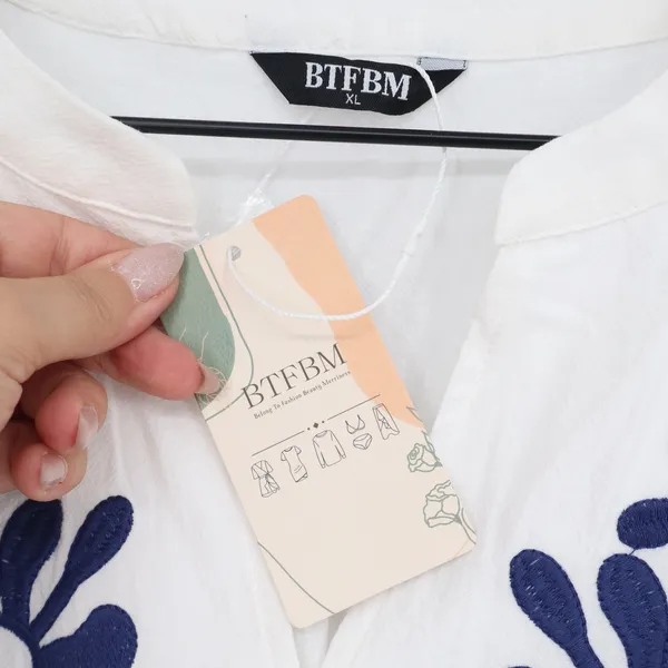 BTFBM Womens XL White Navy Blue Floral Embroidered Button Down Blouse - Image 2