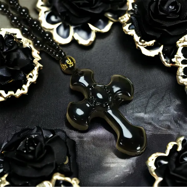 1pc Classic‎ Religious Style Christian Cross Fashion Obsidian Pendant Necklace - Image 7