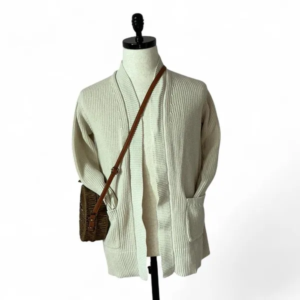 Max & Mia‎ Womens Cream 100% Cotton Shaker Knit Open Front Cardigan Sweater L - Image 2