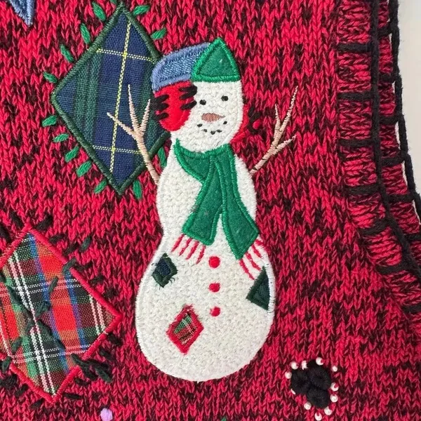 Vintage Red Christmas Sweater Vest Snowmen Reindeer Plaid Knit Size M Festive - Image 5