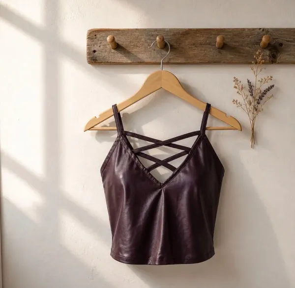 Bozzolo Burgundy Faux-Leather Crisscross Cropped Cami - Image 2