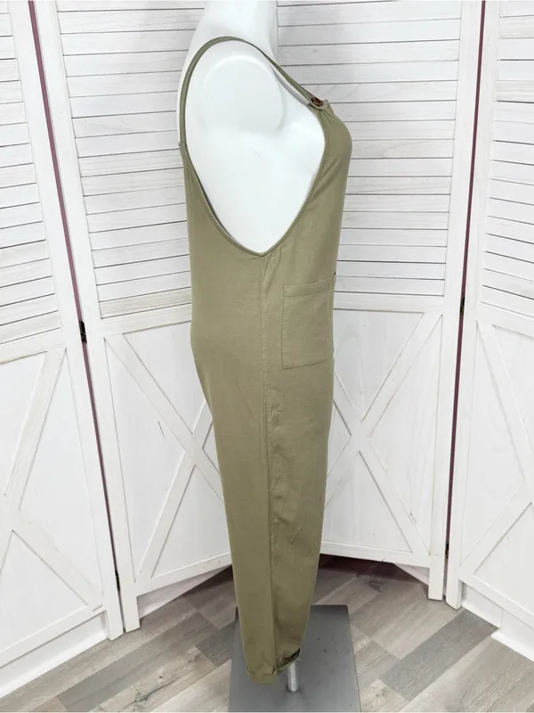 Emery‎ Rose Cotton Front Pocket Cuffed Overalls Jumpsuit Olive Green Large - Image 3
