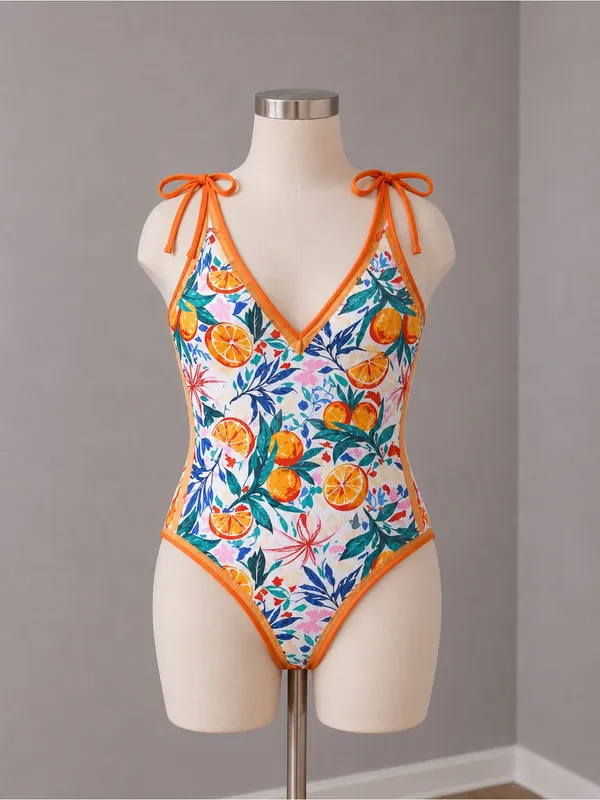 #S49 Women's Orange Trim Citrus Print One-Piece Swimsuit - SMALL - Image 3