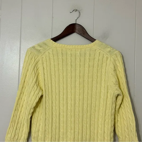 L.L.Bean Cable Knit Sweater Yellow Cotton V Neck 3/4 Sleeve Womens M - Image 7