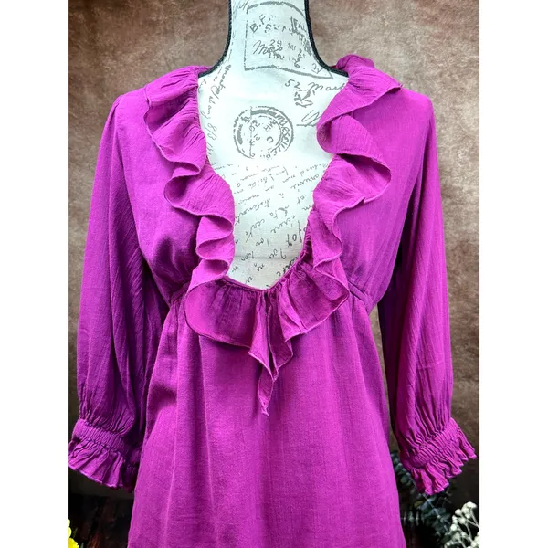 Free People Ruffled Collar 3/4 Sleeves Deep V Front Morning Light Mini Dress XS - Image 4