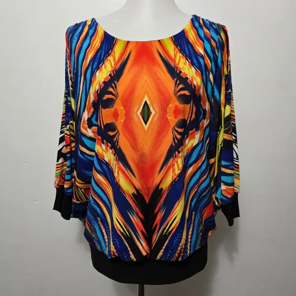 Bali M Multicolor Abstract Cold Shoulder Split Sleeve Top Lagenlook Avante Garde - Image 2