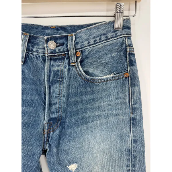Levi's 501 Distressed Medium Wash High Rise Skinny Jeans White Oak Cone Denim 24 - Image 2