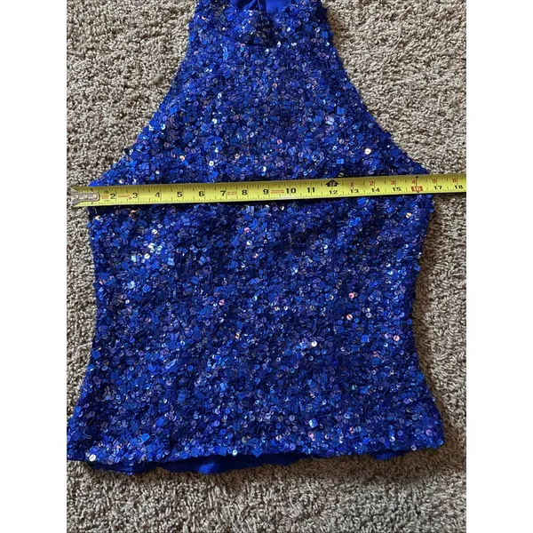 Vintage Laurence Kazar Blue Silk Hand Sequined‎ Halter Top Sz Small 90's Retro - Image 8