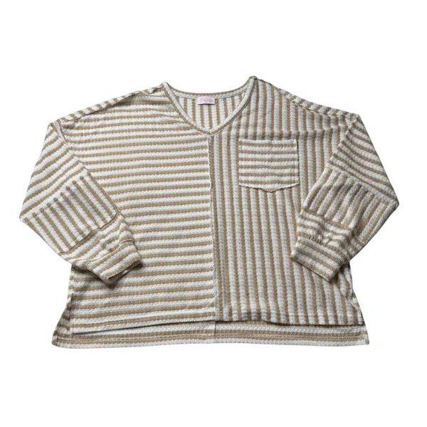 Pink Lily Tan White Striped Oversized Sweater Medium Boxy Coastal Grandmother - Image 2