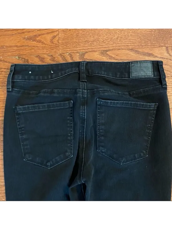 American Eagle Dream Jean Hi-Rise Jegging Distressed Raw Hem Black Skinny Jeans - Image 8