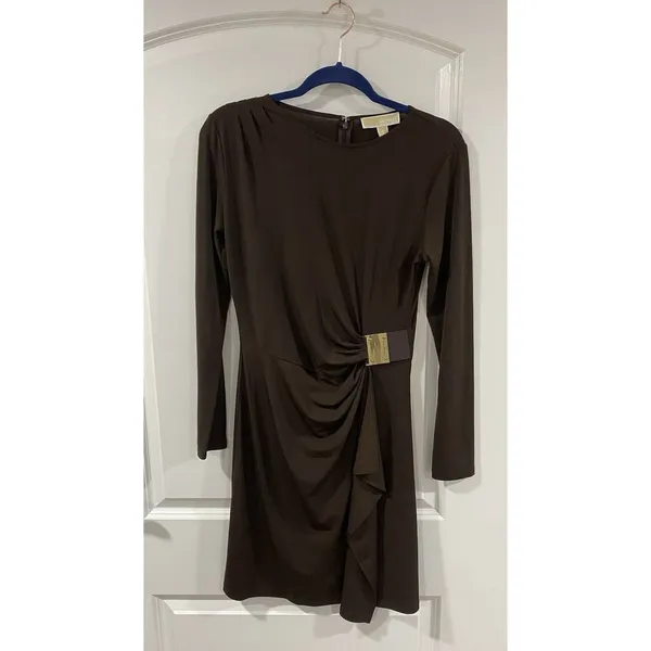 Michael Kors Faux Wrap Dress Brown Gold MK Buckle NWT M - Image 3